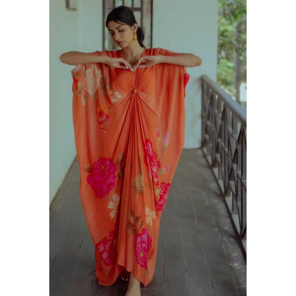 Paulmi & Harsh Mabel Orange Printed Kaftan Maxi Dress With Inner