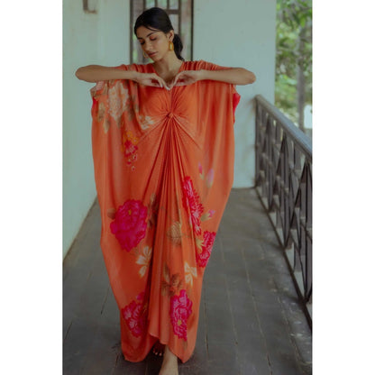 Paulmi & Harsh Mabel Orange Printed Kaftan Maxi Dress With Inner