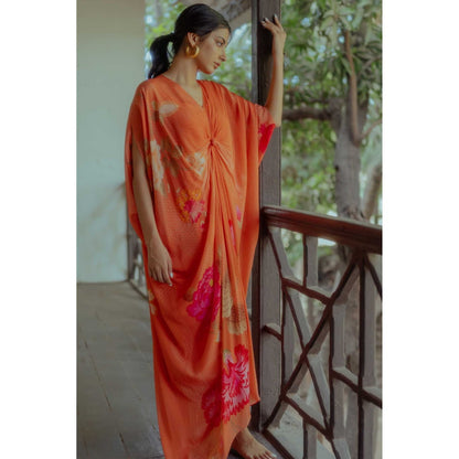 Paulmi & Harsh Mabel Orange Printed Kaftan Maxi Dress With Inner