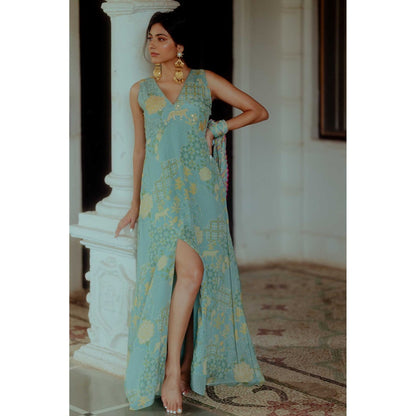 Paulmi & Harsh Haneen Blue Printed Maxi A Line Dress