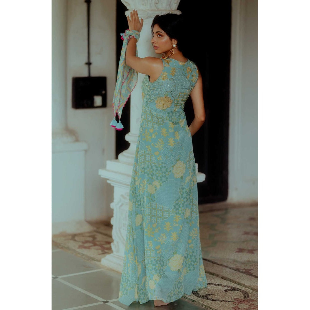 Paulmi & Harsh Haneen Blue Printed Maxi A Line Dress