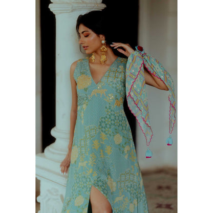 Paulmi & Harsh Haneen Blue Printed Maxi A Line Dress