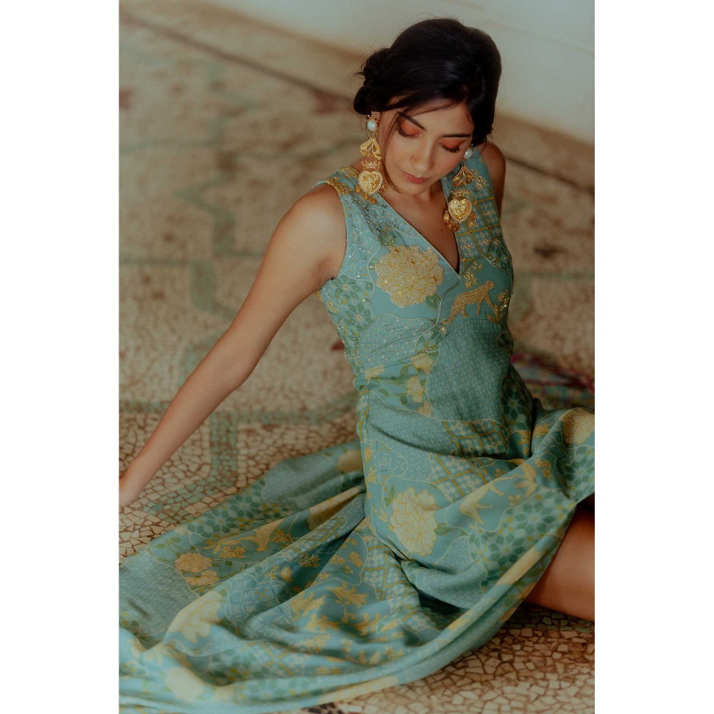 Paulmi & Harsh Haneen Blue Printed Maxi A Line Dress
