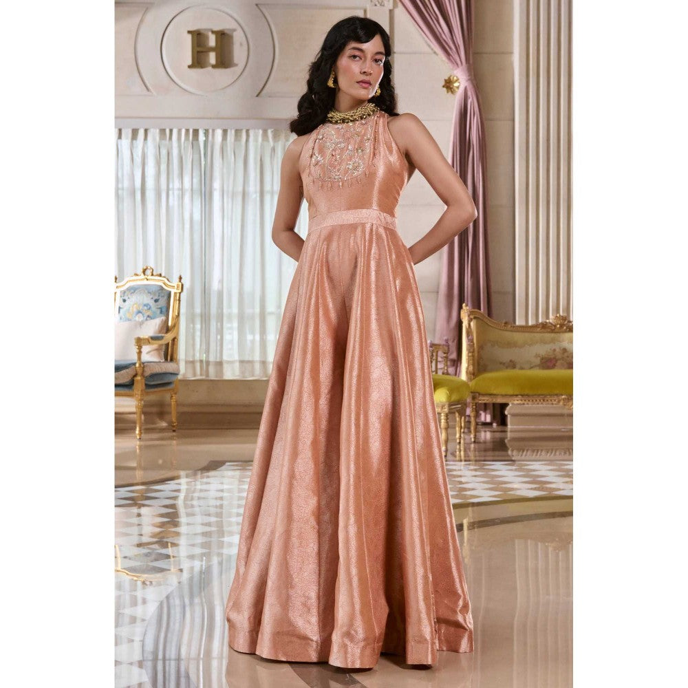 Paulmi & Harsh Mandi Peach Embroidered Halter Neck Jumpsuit