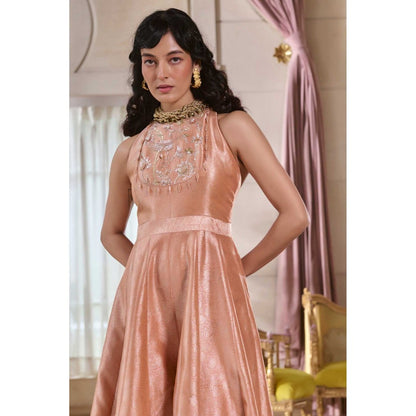 Paulmi & Harsh Mandi Peach Embroidered Halter Neck Jumpsuit