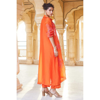 Paulmi & Harsh Orange Jacket With Trousers And Crop Top