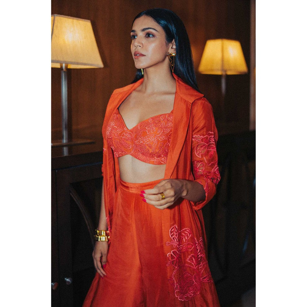 Paulmi & Harsh Orange Jacket With Trousers And Crop Top