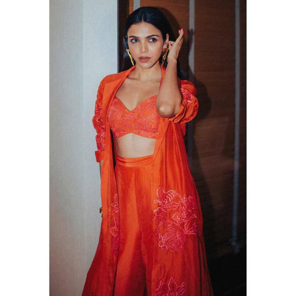 Paulmi & Harsh Orange Jacket With Trousers And Crop Top