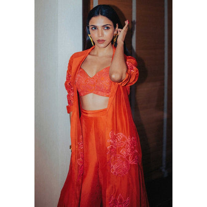 Paulmi & Harsh Orange Jacket With Trousers And Crop Top