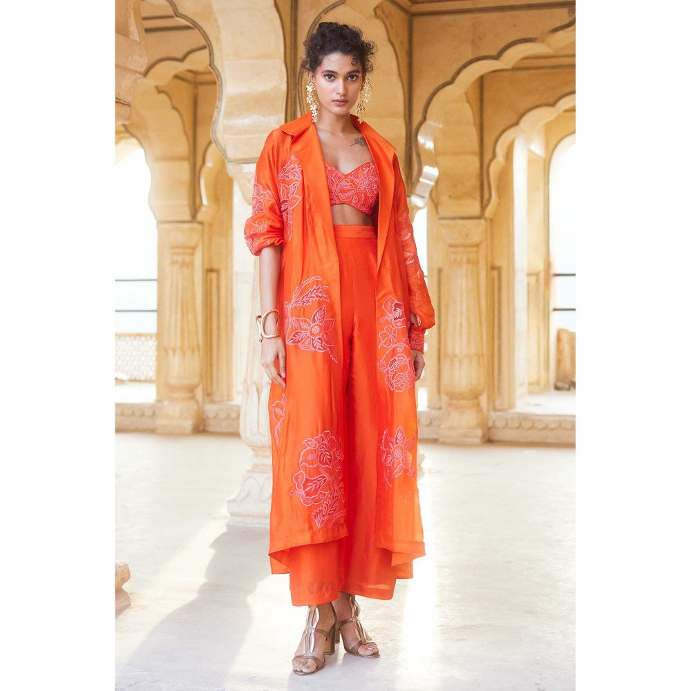 Paulmi & Harsh Orange Jacket With Trousers And Crop Top