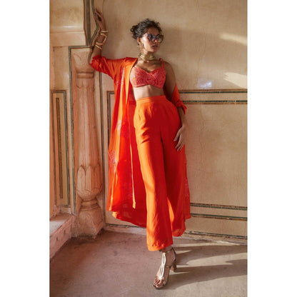 Paulmi & Harsh Orange Jacket With Trousers And Crop Top