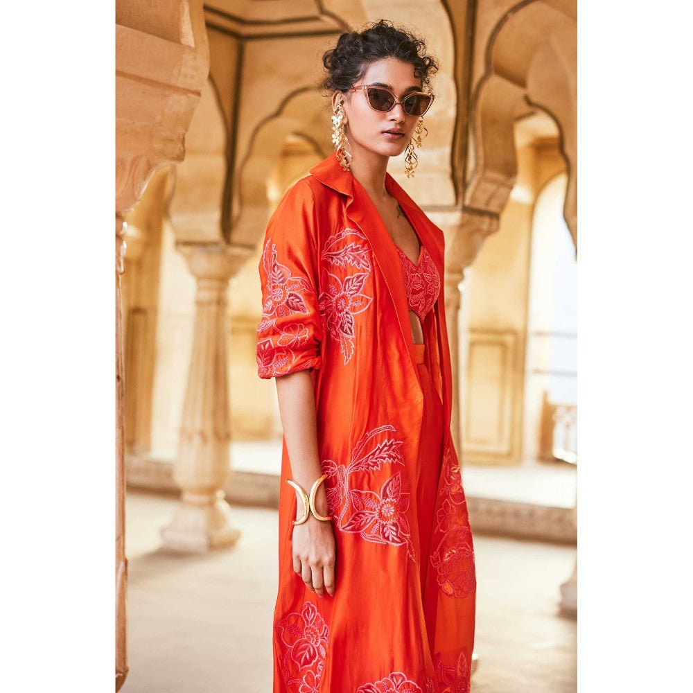 Paulmi & Harsh Orange Jacket With Trousers And Crop Top