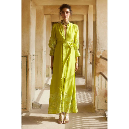 Paulmi & Harsh Victoria Yellow Embroidered Maxi Dress