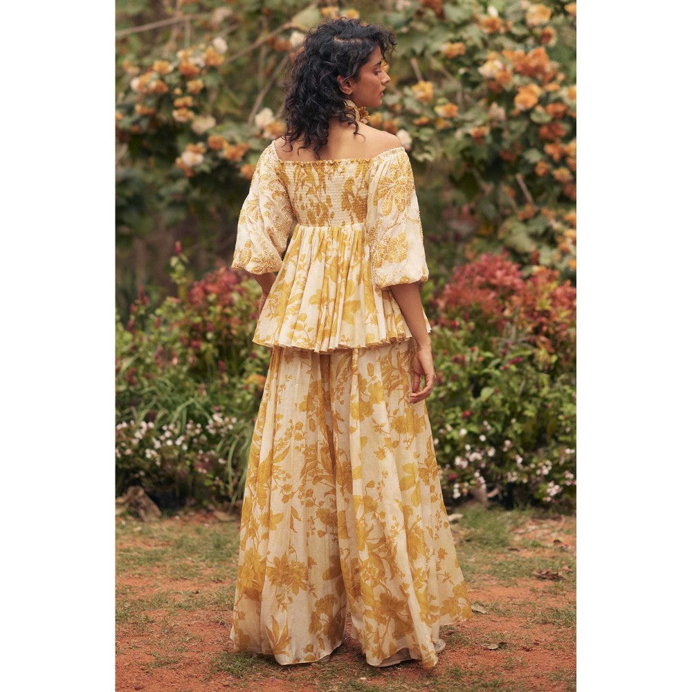 Paulmi & Harsh Yellow Aveza Chanderi Peplum Top With Palazzo And Scarf