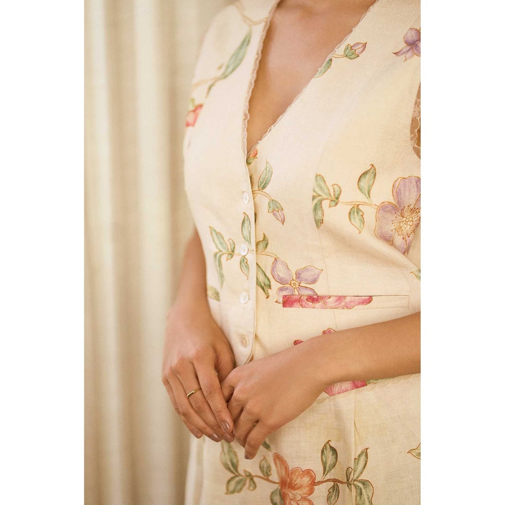 Paulmi & Harsh Off White Birdie Floral Printed Co-Ord