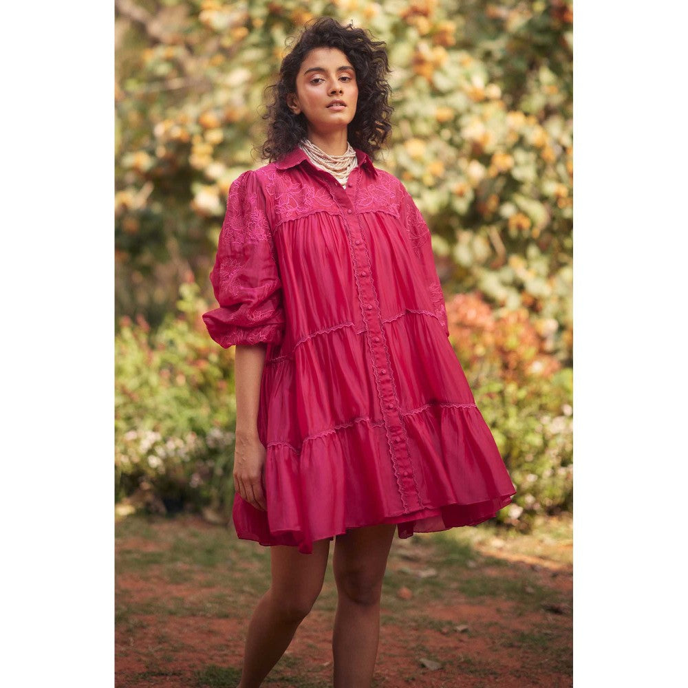 Paulmi & Harsh Lana Pink Embroidered Relaxed Fit Dress With Slip