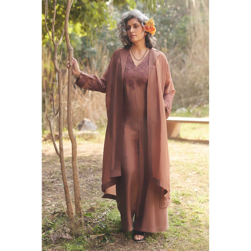 Paulmi & Harsh Cocoa Brown V Neck Jumpsuit Set