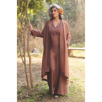 Paulmi & Harsh Cocoa Brown V Neck Jumpsuit Set