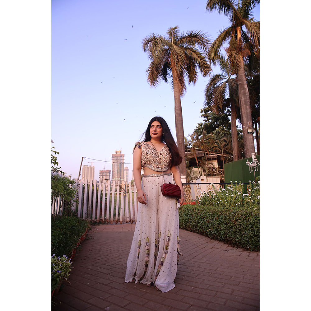 Payal Singhal Off White Embroidered Choli with Mukaish Sharara (Set of 2)