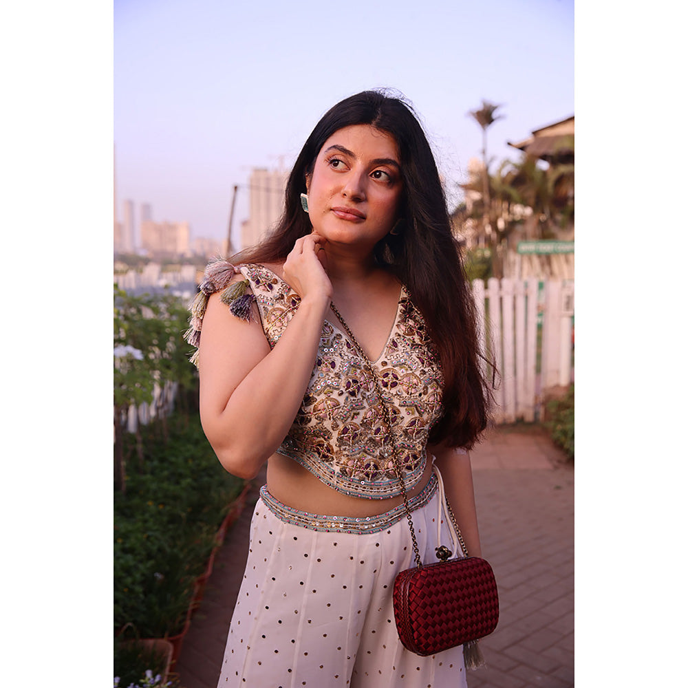 Payal Singhal Off White Embroidered Choli with Mukaish Sharara (Set of 2)