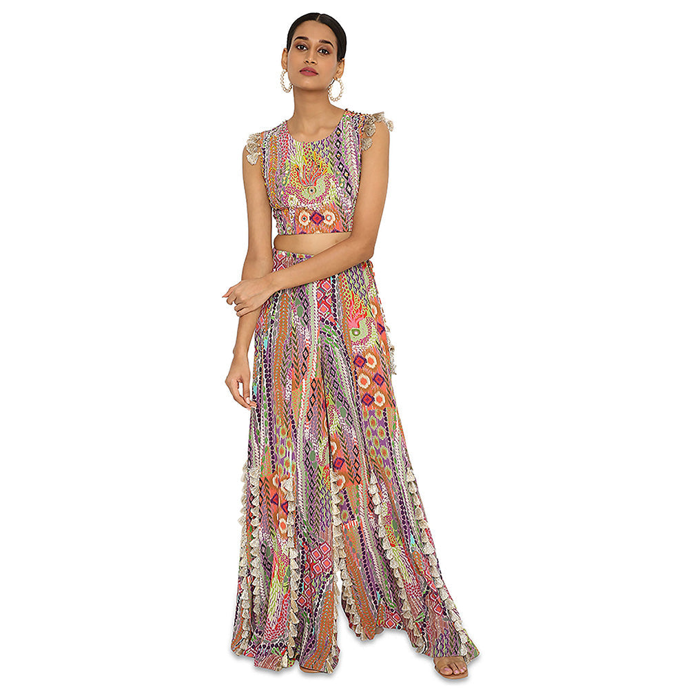 Payal Singhal Iiyana African Print Embroidered Crepe Choli with Tasselled Sharara (Set of 2)