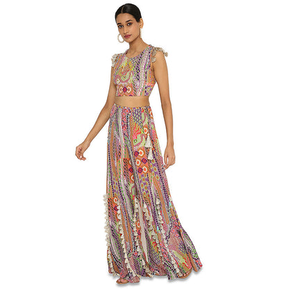 Payal Singhal Iiyana African Print Embroidered Crepe Choli with Tasselled Sharara (Set of 2)
