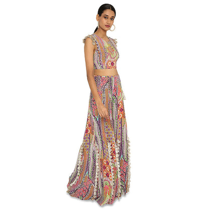 Payal Singhal Iiyana African Print Embroidered Crepe Choli with Tasselled Sharara (Set of 2)