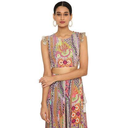 Payal Singhal Iiyana African Print Embroidered Crepe Choli with Tasselled Sharara (Set of 2)