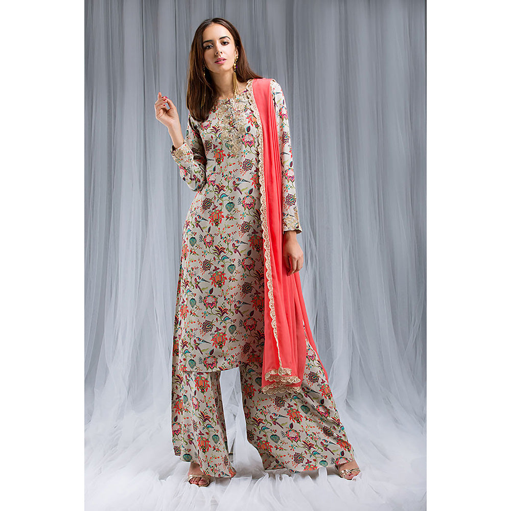 Payal Singhal Khaki Chidiya Print Kurta & Palazzo Set (Set of 3)