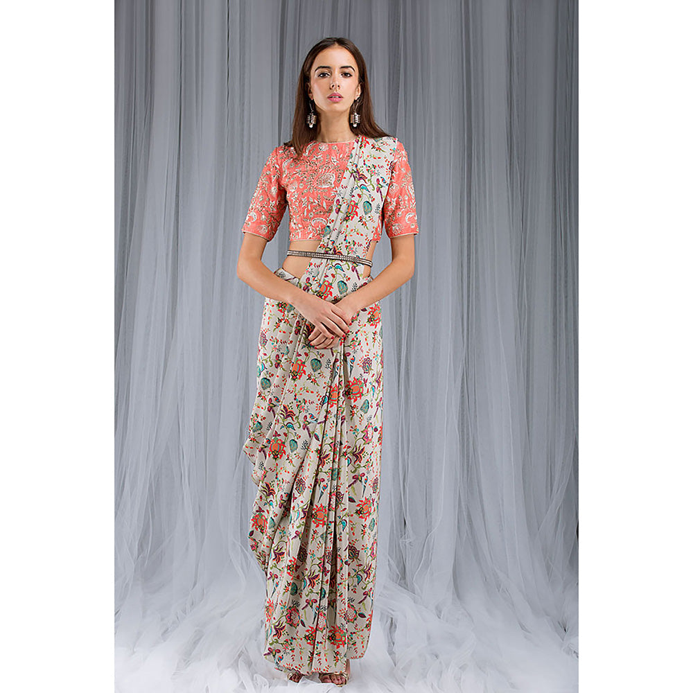 Payal Singhal Khaki Chidiya Print Saree Set