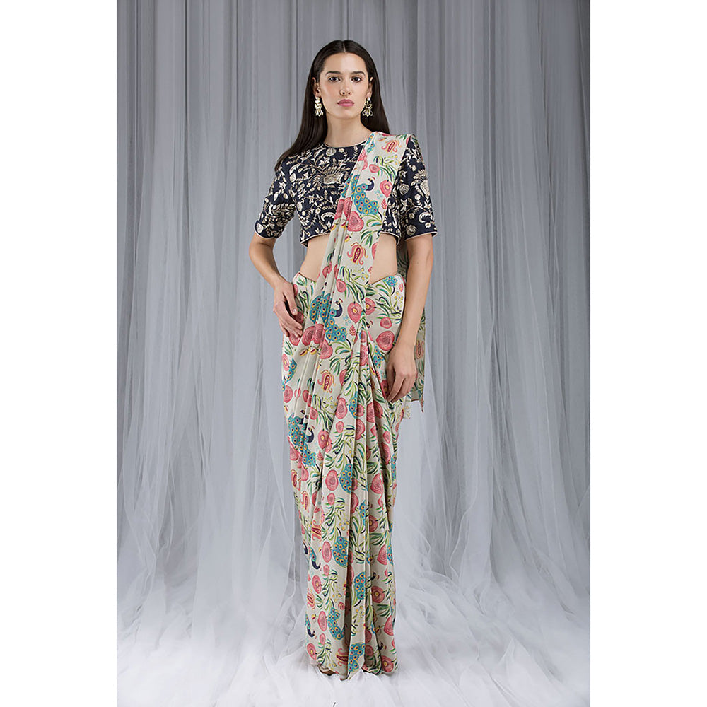 Payal Singhal Khaki Anar Aur Mor Print Saree Set