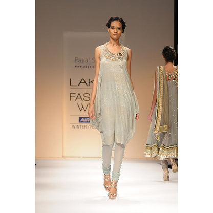 Payal Singhal Grey Mukaish Cowl Kurta with Churidar (Set of 4)