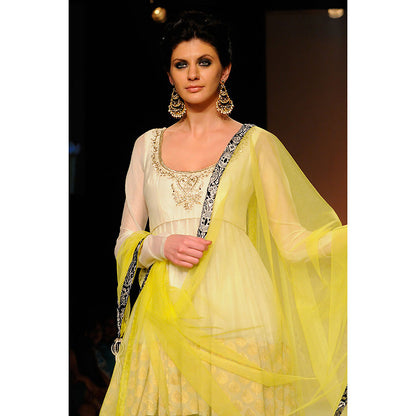 Payal Singhal Sanam Cream Silkmul Anarkali with Navy Salwar & Lime Tule Dupatta (Set of 3)