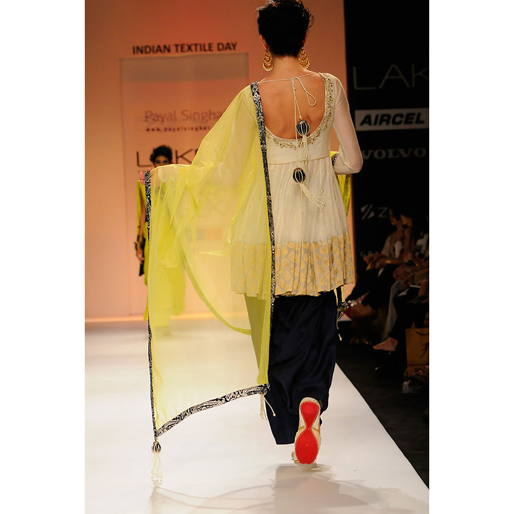 Payal Singhal Sanam Cream Silkmul Anarkali with Navy Salwar & Lime Tule Dupatta (Set of 3)