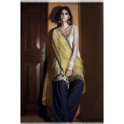 Payal Singhal Sanam Cream Silkmul Anarkali with Navy Salwar & Lime Tule Dupatta (Set of 3)