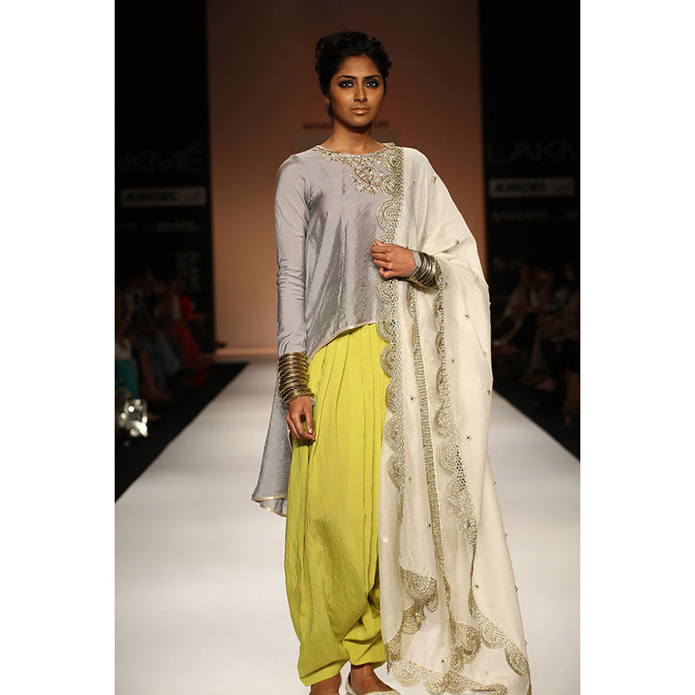 Payal Singhal Chaand Grey Cotton Silk High Low Kurta with Patiala & Silkmul Dupatta (Set of 3)