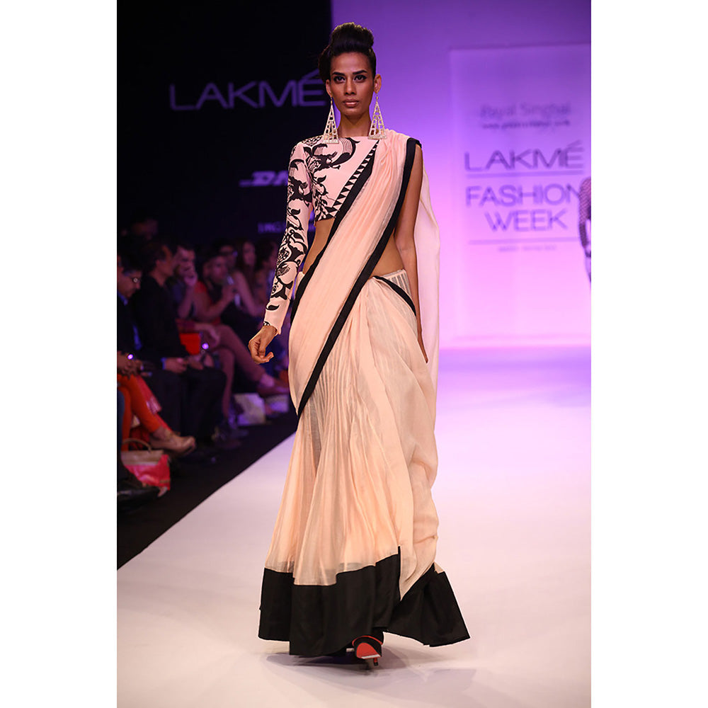 Payal Singhal Mashal Blush & Black Ottoman Print Choli with Mul Lehenga Saree
