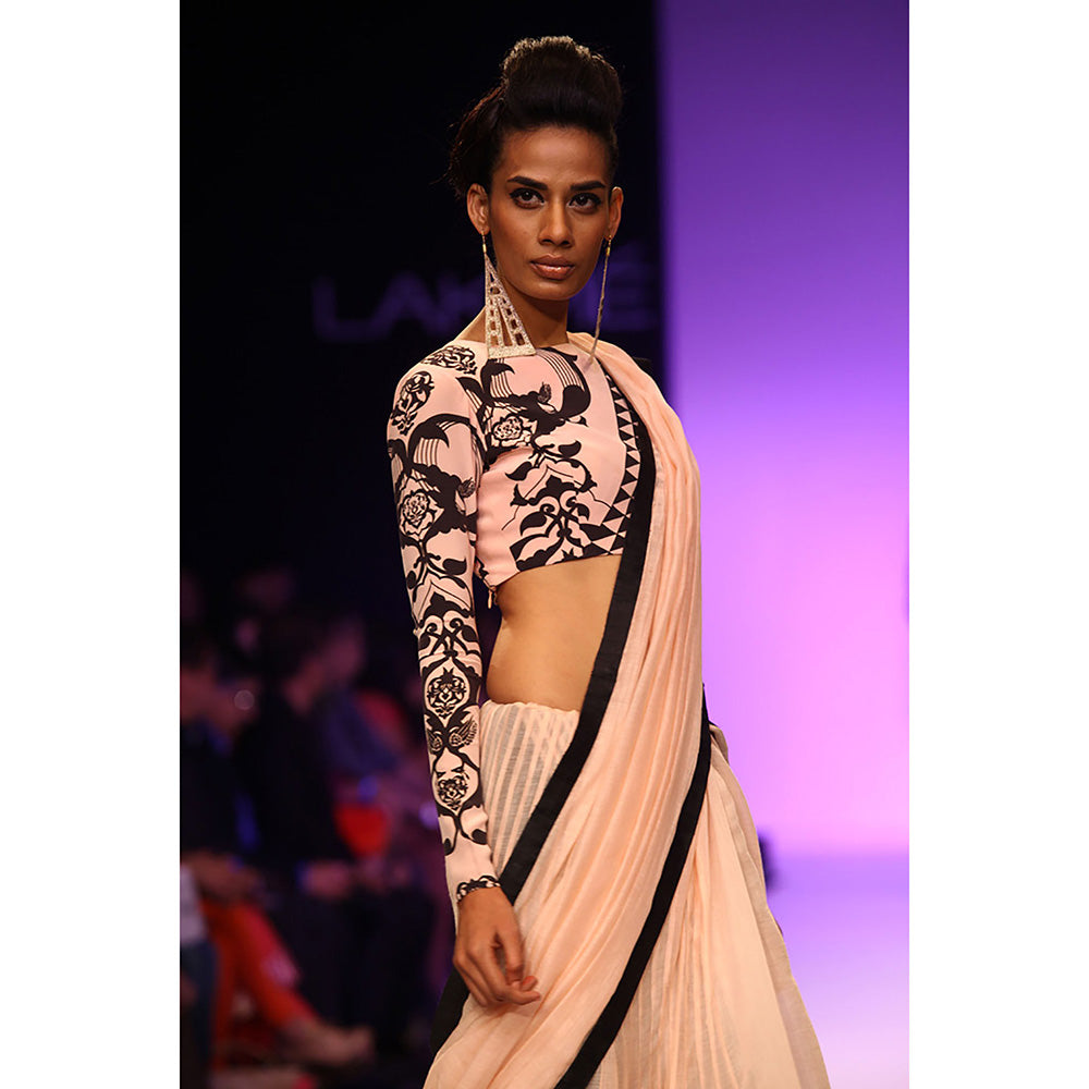 Payal Singhal Mashal Blush & Black Ottoman Print Choli with Mul Lehenga Saree