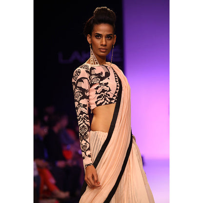 Payal Singhal Mashal Blush & Black Ottoman Print Choli with Mul Lehenga Saree