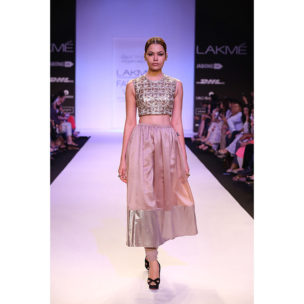 Payal Singhal Noelle Embroidered Choli, Mocha Silkmul Skirt with Soft Net Churidar (Set of 2)