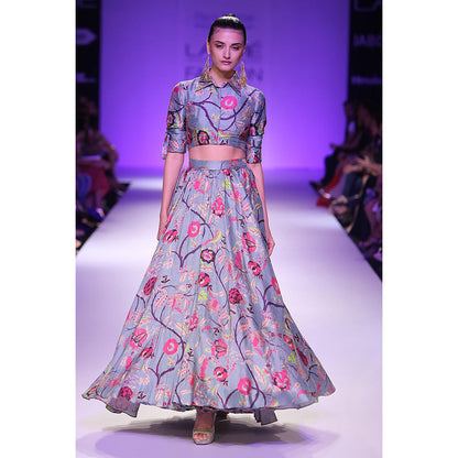 Payal Singhal Bahara Blue Printed Dupion Silk Cropped Shirt & Skirt (Set of 2)