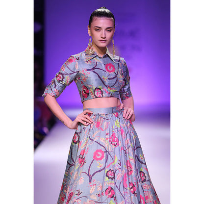 Payal Singhal Bahara Blue Printed Dupion Silk Cropped Shirt & Skirt (Set of 2)