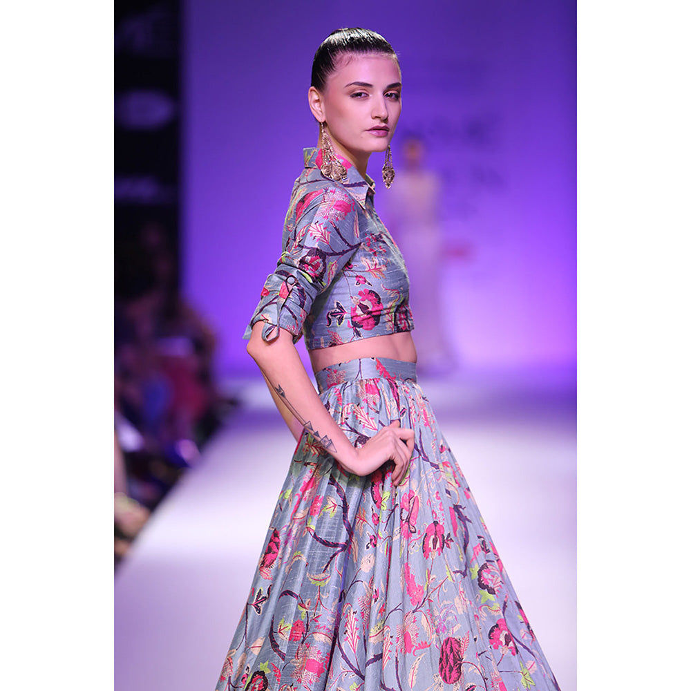 Payal Singhal Bahara Blue Printed Dupion Silk Cropped Shirt & Skirt (Set of 2)