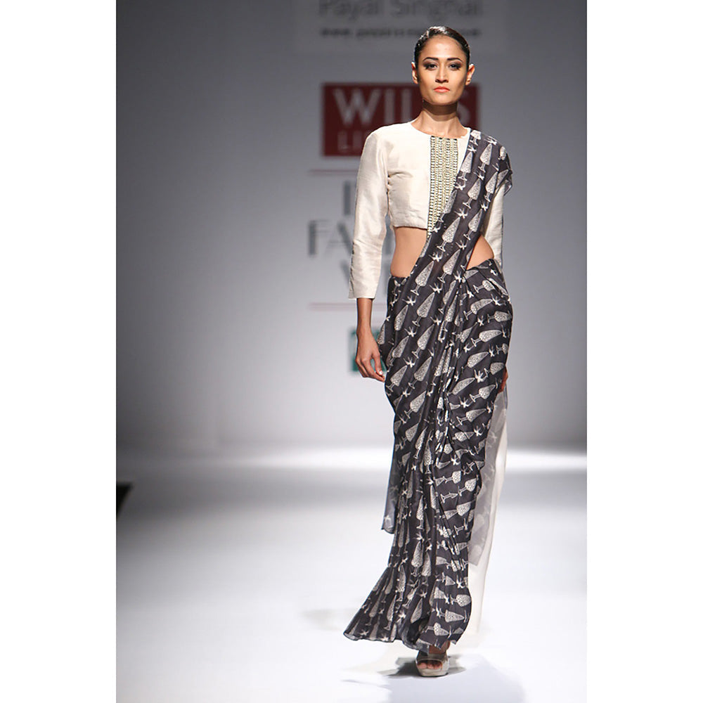 Payal Singhal Farah Stone Dupion Silk & Organza Choli with Black Printed Lehenga Saree