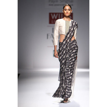 Payal Singhal Farah Stone Dupion Silk & Organza Choli with Black Printed Lehenga Saree