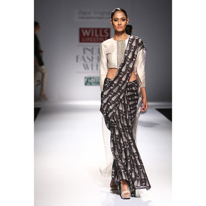 Payal Singhal Farah Stone Dupion Silk & Organza Choli with Black Printed Lehenga Saree