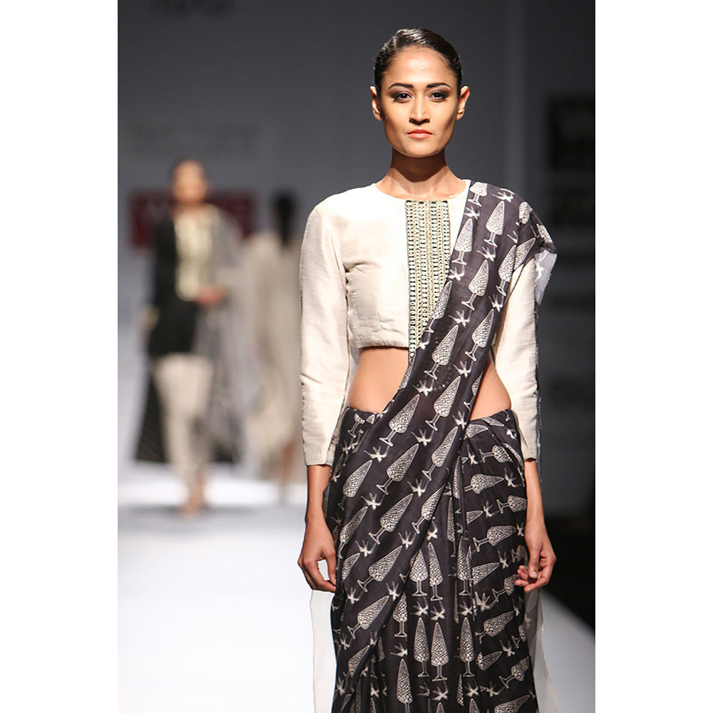 Payal Singhal Farah Stone Dupion Silk & Organza Choli with Black Printed Lehenga Saree