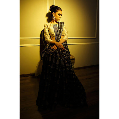 Payal Singhal Farah Stone Dupion Silk & Organza Choli with Black Printed Lehenga Saree
