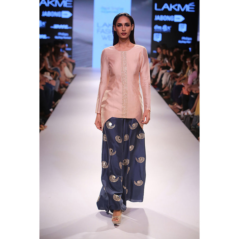 Payal Singhal Nirva Blush Silkmul Kurta with Navy Silk Palazzo (Set of 2)