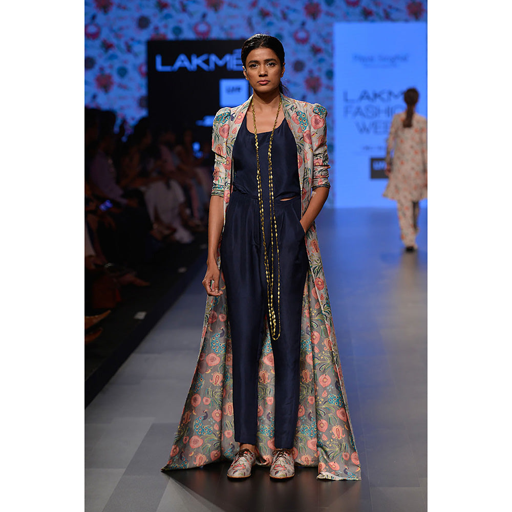 Payal Singhal Shaheen Khaki Printed Silk Duster Jacket with Silk Camisole & Pant (Set of 3)
